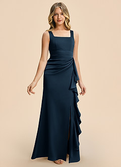 Azazie Adrienne Junior Dark Navy Sheath Pleated Stretch Satin Dress image6