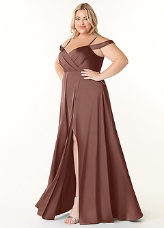 Azazie Ocean Robes de demoiselle d'honneur Robe Trapèze en Satin extensible Col V plissé Expresso image8