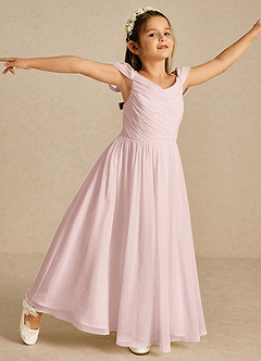Azazie Chelle Robe Demoiselle D'honneur Fillette Robe Trapèze en Mousseline de soie Plissé Rose Pâle image3