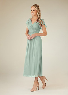 Azazie Vera Mother of the Bride Dresses Agave A-Line V-Neck Pleated Mesh Dress image2