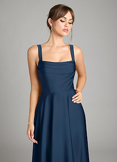 Azazie Shaude Bridesmaid Dresses Dark Navy A-Line Pleated Stretch Satin Dress image3