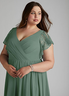 Azazie Zella Bridesmaid Dresses Eucalyptus A-Line Lace Chiffon Dress image12