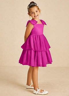 Azazie Vanellope Blumenmädchenkleider A-Linie Schleifen Tüll Kleid Fuchsia image1