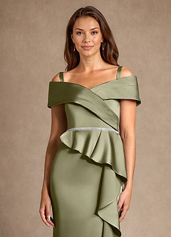 Azazie Dareia Moeder van de bruid jurken Zeemeermin Jurk van Stretch Satijn Off the Shoulder Pistache image8