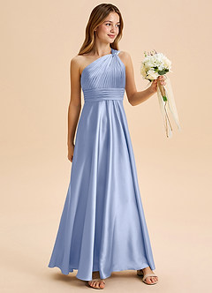 Azazie Charlize Junior Abito A-Line in Raso Elasticizzato Plissettato Ghiaccio image3