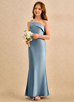 Azazie Almond Girls Formal Sukienki dla dziewczynek sypiących kwiaty Osłona Jedno ramię Satyna elastyczna Długość podłogi Sukienka image3