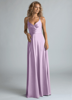 Azazie Davis Bridesmaid Dresses Frosted Lilac A-Line Pleated Stretch Satin Dress image4