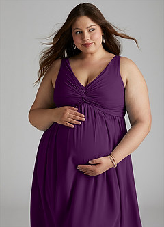 Azazie Yetta Maternity Bridesmaid Dresses A-Line V-Neck Gathered Chiffon Floor-Length Dress image8