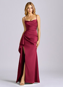 Azazie Sarai Vestidos de damas de honor Vestido de Borgoña de Satén Elástico de Corte Recto con Corsé image3