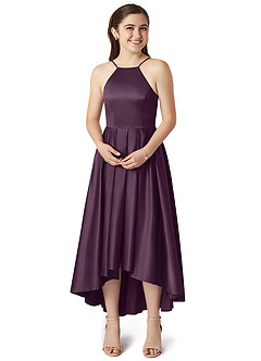 Azazie Jemima Junior Plum A-Line with Pockets Stretch Satin Dress image4