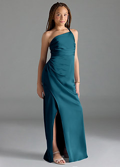 Azazie Eren Junior Ink Blue Sheath Pleated Stretch Satin Dress image4