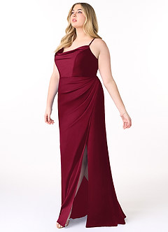 Azazie Marzia Vestidos de damas de honor Vestido de Borgoña de Satén Elástico de Corte Recto con Cuello V Plisado image9