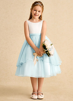 Azazie Rene Blumenmädchenkleider A-Linie Schleifen Tüll Kleid Elfenbein Seeglas Blau image6