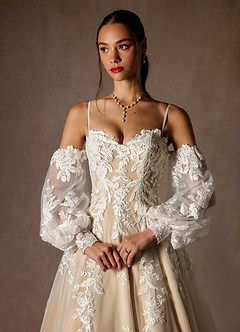 Azazie Madeleine Wedding Dresses Diamond White Nude Ball-Gown Strapless Lace Dress image6