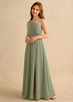 Azazie Puddles Girls Formal Robe Demoiselle D'honneur Fillette Robe Trapèze en Mousseline de soie Une épaule Pistache image4