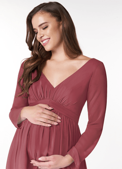 Azazie Teton Brautjungfernkleider für Schwangere A-Linie Langarm Chiffon Bodenlänge Kleid image5