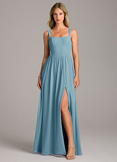 Azazie Rosaline Bridesmaid Dresses Moody Blue A-Line Side Slit Chiffon Dress image4