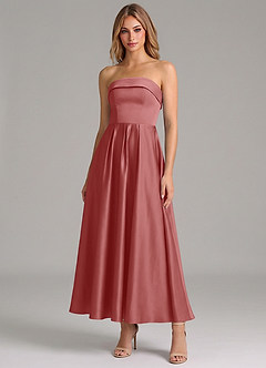 Azazie Lucienne 신부 들러리 드레스 A라인 주름진 스트레치 새틴 발목 길이 드레스 image1