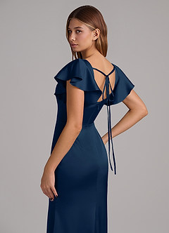 Azazie Elkie Robes de demoiselle d'honneur Robe Sirène en Satin extensible Col Carré Bleu Marine Foncé image7