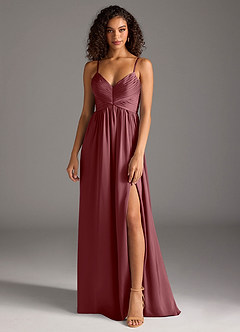 Azazie Alia Robes de demoiselle d'honneur Robe Trapèze en Satin extensible Plissée Rose Du Désert image1