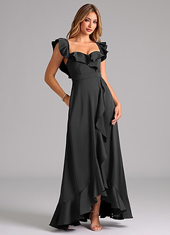 Azazie Lyra Vestidos de damas de honor Vestido de Negro de Satén Elástico de Corte en A Convertible con Vestidos sin tirantes image2