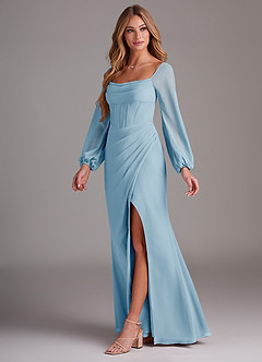 Azazie Charissa Bridesmaid Dresses Sky Blue Sheath Long Sleeve Chiffon Dress image4