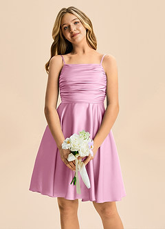 Azazie Miko Junior Candy Pink A-Line Pleated Stretch Satin Dress image6