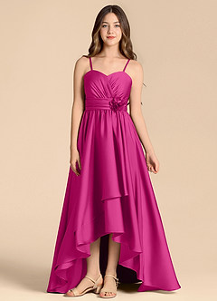 Azazie Catalina Junior Abito A-Line in Raso Elasticizzato Scollo a Cuore Fucsia image1