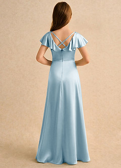 Azazie Nari Girls Formal Final Sale Sky Blue A-Line with Sleeves Stretch Satin Dress image2