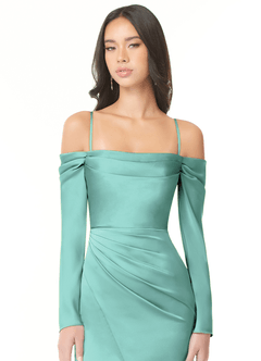 Azazie Hallie Bridesmaid Dresses Aqua Sheath Off-The-Shoulder Long Sleeve Stretch Satin Convertible Dress image2