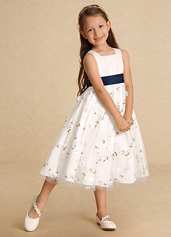 Azazie Pollie Flower Girl Dresses Ivory Dark Navy A-Line Bow Tulle Dress image9