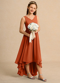 Azazie Kitten Girls Formal Robe Demoiselle D'honneur Fillette Robe Trapèze en Mousseline de soie Orange Brûlée image3