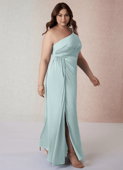 Azazie Mika Brautjungfernkleider Etui One-Shoulder Stretch-Satin Kleid Nebel image10