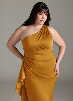 Azazie Latrice Bridesmaid Dresses Butterscotch Sheath One Shoulder Cascading Ruffles Stretch Satin Dress image10