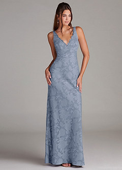 Azazie Tianna Bridesmaid Dresses Dusty Blue Sheath Lace Floral Burnout Dress image3
