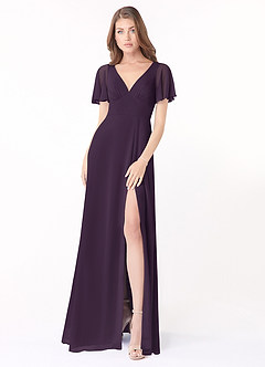 Azazie Kimber Bridesmaid Dresses Plum A-Line Flounce Sleeve Chiffon Dress image4