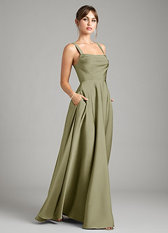 Azazie Shaude Bridesmaid Dresses Pistachio A-Line Pleated Stretch Satin Dress image6