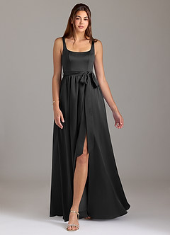 Azazie Elliott Robes de demoiselle d'honneur Robe Trapèze en Satin extensible avec poches Noir image5