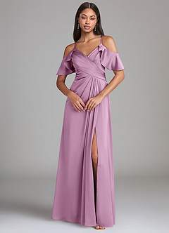 Azazie Dakota Robes de demoiselle d'honneur Robe Trapèze en Satin extensible Épaule décolletée Glycine image3