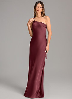 Azazie Monroe Bridesmaid Dresses Merlot Mermaid One Shoulder Stretch Satin Dress image1