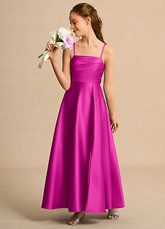 Azazie Pebbles Girl Flower Girl Dresses Fuchsia A-Line Pleated Matte Satin Dress image5