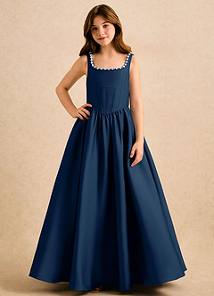 Azazie Enid Girls Formal Robe Demoiselle D'honneur Fillette Robe Trapèze en Satin extensible Perlé Bleu Marine Foncé image4