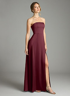 Azazie Wren Vestidos de damas de honor Vestido de Cabernet de Satén Elástico de Corte en A Convertible con Sin tirantes image1