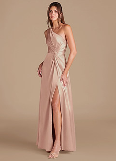 Azazie Brooke Bridesmaid Dresses English Rose A-Line One Shoulder Metallic Satin Dress image4