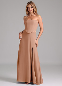 Azazie Jenilyn Vestidos de damas de honor Vestido de Champán Rosado de Gasa de Corte en A con Sin tirantes image3