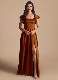 Azazie Bondi Bridesmaid Dresses Copper A-Line Bow Metallic Satin Dress image2