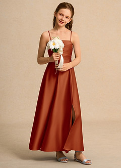 Azazie Pebbles Junior Formal Jurken voor bloemenmeisjes A-Lijn Jurk van Mat Satijn Geplooid Paprika image7