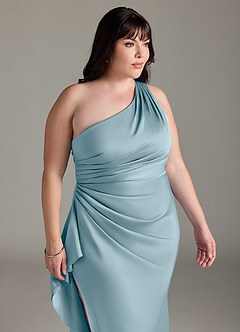 Azazie Latrice Bridesmaid Dresses Moody Blue Sheath One Shoulder Cascading Ruffles Stretch Satin Dress image11