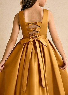 Azazie Junebuj Flower Girl Dresses Butterscotch Ball-Gown Pleated Matte Satin Dress image7