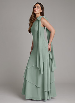 Azazie Monique Vestidos de damas de honor Vestido de Salvia Plateada de Gasa de Corte en A con Hombro unilateral image7